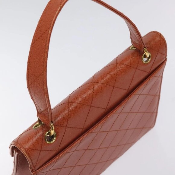 CHANEL Matelasse Hand Bag Grained Calf Skin Brown Gold CC Auth 130197 - Picture 7 of 14